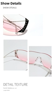 Macro detail of pink gradient rimless lenses with star-shaped rhinestones and silver metal temples