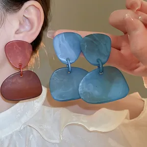 Irregular Geometric Drop Earrings With Marble Texture Acrylic And Silver Earring Post Minimalist Fashion For Women
