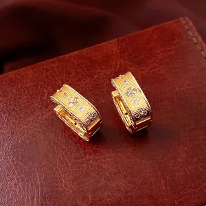 Retro Geometric Square Copper Ear Buckles With White Zircon Inlay Vintage Textured Gold Plated Jewelry For Women