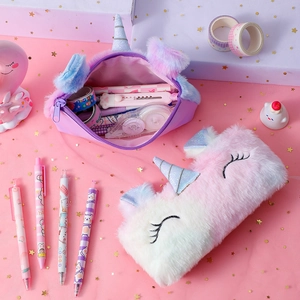 Unicorn plush pencil case in colorful gradient faux fur with 3D horn and ears