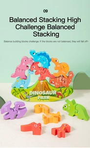 Detailed close-up of colorful wooden dinosaur stacking blocks with numbers and base