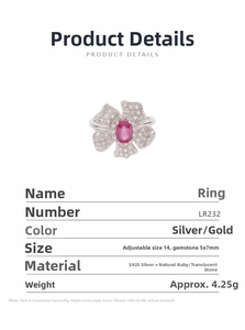 Detailed close-up of S925 silver flower ring with a 5x7mm natural ruby gemstone