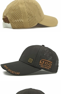 Close-up of laser-cut mesh and GKVO SPORT CAP embroidery on outdoor baseball caps