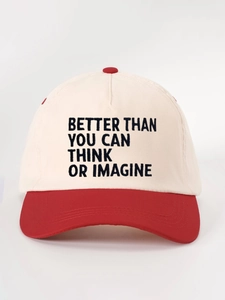 Detail of embroidered BETTER THAN YOU CAN THINK slogan on two-tone baseball cap