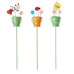 Set di 3 picchetti da giardino in metallo con secchielli decorati con coccinella e farfalla