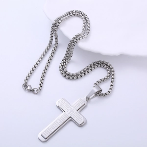 Silver stainless steel cross necklace with engraved Spanish scripture and box chain