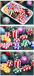 Detail of red and white spiral peppermint candy beads for Christmas DIY decoration