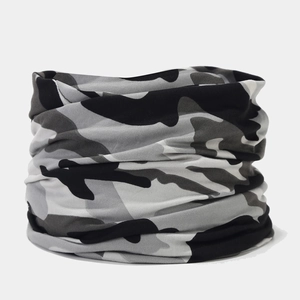 Macro shot of breathable black and white camouflage seamless tube mask for outdoor sports