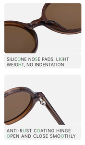Detail of comfortable silicone nose pads and durable anti-rust metal hinges on sunglasses