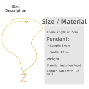 Detailed size specifications for the 18K gold plated letter Z pearl pendant necklace