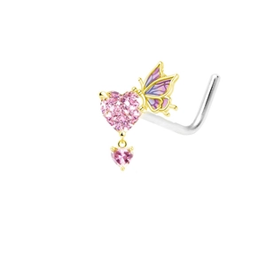 Piercing naso a L dorato con zircone a cuore rosa e dettaglio ala di farfalla in smalto viola