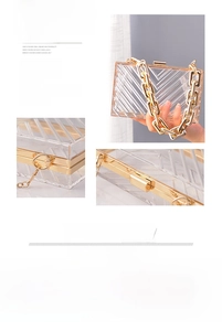 Detail view of transparent acrylic clutch bag with chunky gold chain and dimensions