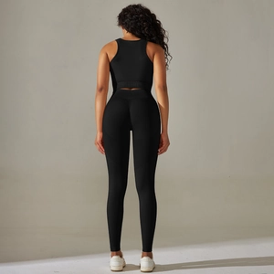 Detailed back view of high-stretch seamless yoga set featuring racerback top and leggings