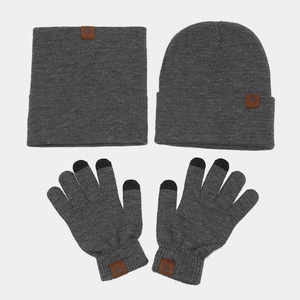 Three-piece winter knit set including touchscreen gloves, beanie, and neck warmer in dark grey