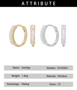 Detailed technical chart showing S925 silver CZ square hoop earrings specifications