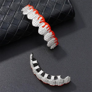 Hip hop silver grillz set with red enamel flame drip and sparkling white zircon stones