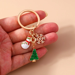 Detailed view of Christmas keychain with snowman, tree and rhinestone snowflake charms