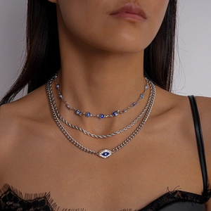 Three-layer silver evil eye pendant necklace set with crystal rhinestones for women