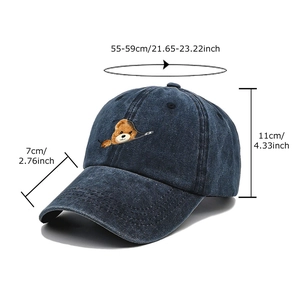 Vintage washed navy denim baseball cap featuring a unique zipper bear print and size specs