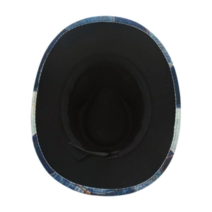Detail view of denim western hat with blue patchwork brim and black inner adjustable lining