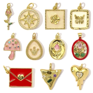 Mushroom Heart Envelope Butterfly Flower Charms Copper 18K Gold Zircon Enamel Shell Pendants For DIY Jewelry Making
