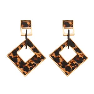 Vintage acrylic leopard print square earrings with golden geometric frames