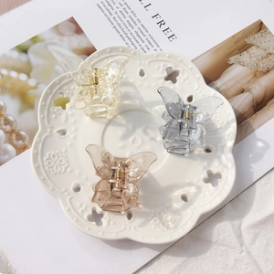 Three small resin butterfly hair claws in clear, grey and brown on a white ceramic plate