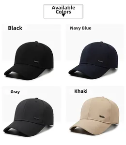 Detail view of four casual baseball caps with Daria metal logo in different colors