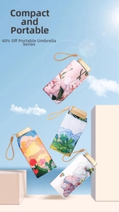 Artistic ultra-flat six-fold umbrella with floral pattern and golden handle