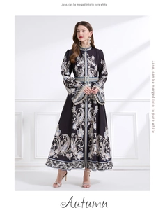 Detailed Baroque floral print on long sleeve vintage dress with matching waist belt