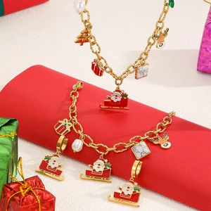 Parure de bijoux de Noël en acier inoxydable doré avec pendentifs Père Noël et renne