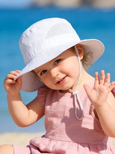 Detail of white kids sun hat featuring breathable mesh panels and adjustable chin strap