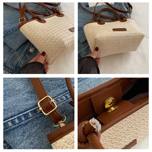Detail of woven straw bucket bag with brown PU leather trim and magnetic buckle