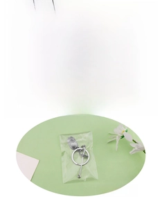Detailed views of fencing foil and mask keychain in silver finish with individual packaging