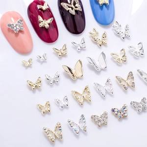 3D hollow metal butterfly nail charms with rhinestones in gold and silver finish