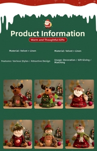 Detail of velvet and linen Christmas gift bags with Santa, reindeer and snowman designs
