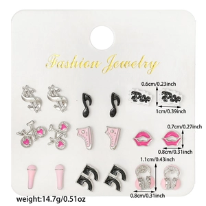 Detailed set of 9 pairs of colorful drip oil and rhinestone stud earrings with size labels