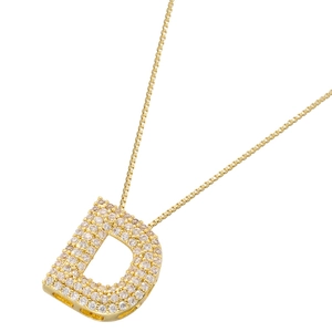 Close-up of golden letter D pendant encrusted with glittering white crystals on box chain