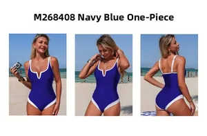 Navy blue one-piece swimsuit with white contrast trim and deep V-neckline front and back