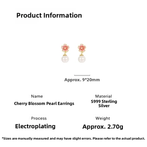 Detail specifications of pink cherry blossom pearl earrings in S999 sterling silver