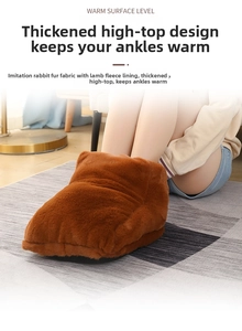 Detail of warm brown faux rabbit fur foot warmer boots with thick fleece lining
