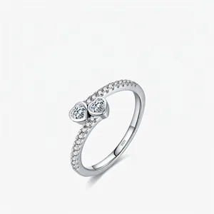 Bague En Argent Sterling 925 Double Cœur Entrelacé Zircone Pavé Bijoux Romantiques Minimalistes Pour Femmes