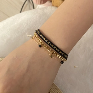 Three-piece bohemian bracelet set with black woven cord, cuban link and square pendants