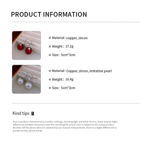 Detailed view of bow earrings with pearls and zircons showing size and weight specs