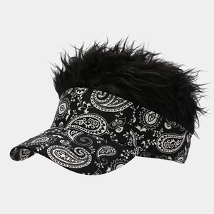 Macro detail of black paisley baseball cap featuring integrated black hair wig decoration