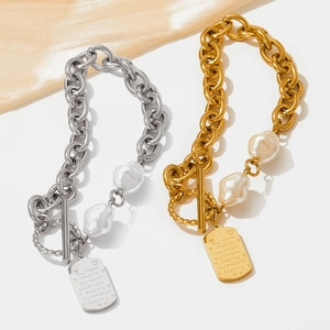 Baroque pearl bracelet with stainless steel OT clasp and engraved square charm