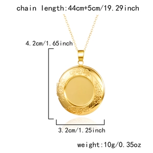 Detail view of engraved golden locket pendant with dimensions and chain length