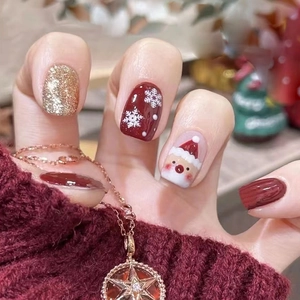 Faux Ongles De Noël Rouge Vin Paillettes Dorées Père Noël Flocon De Neige Court Carré ABS Ongles Festifs Pour Femmes