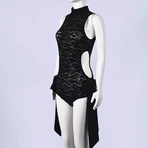 Detail of black lace bodysuit featuring high neck cutout and elegant long train tail