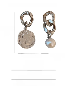 Detailed size chart for asymmetrical pearl and coin chain earrings with S925 silver needles